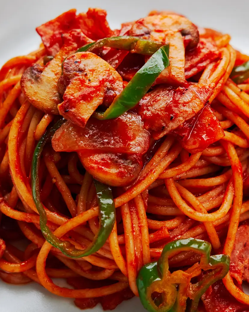 Spaghetti Napolitan with ketchup-glazed noodles, sausage and green pepper