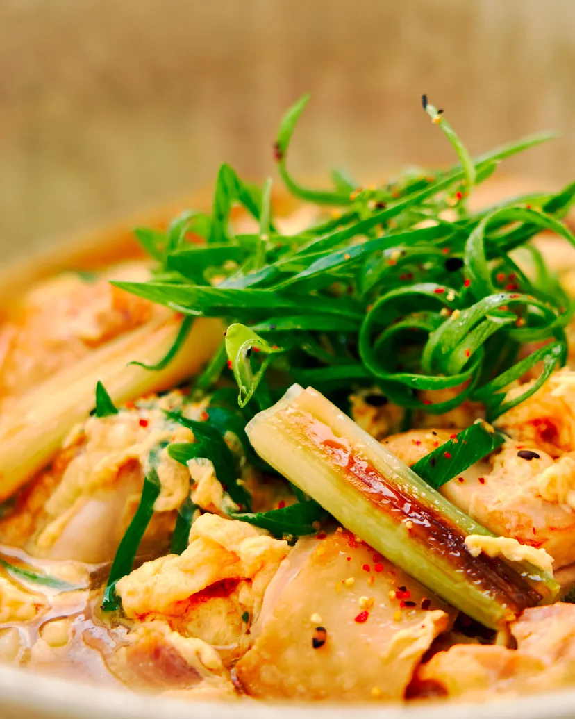 Udon soup with chicken, soft scrambled egg and charred green onion, topped with shredded scallion