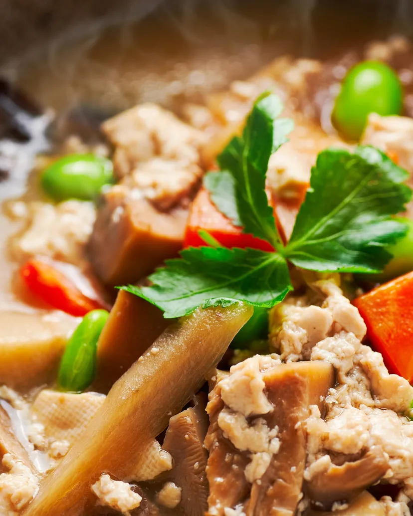 Vegetable and tofu soup with carrot, burdock, shiitake and edamame, garnished with mitsuba