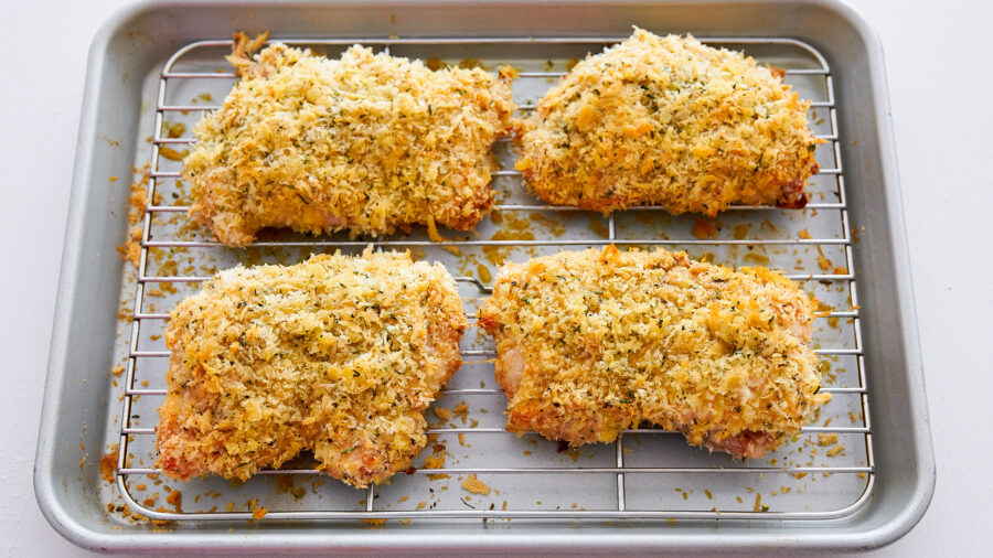 The baked chicken parmesan cutlets turn out crisp and flavorful.