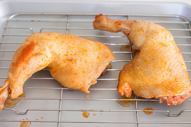 Chicken legs ready for the oven.
