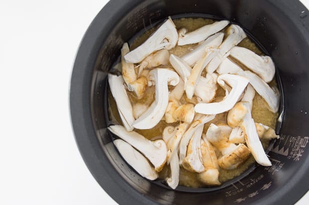 A pot of matsutake gohan ready to steam.