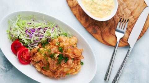 Chicken Nanban with Japanese-style tartar sauce and a shredded cabbage salad.