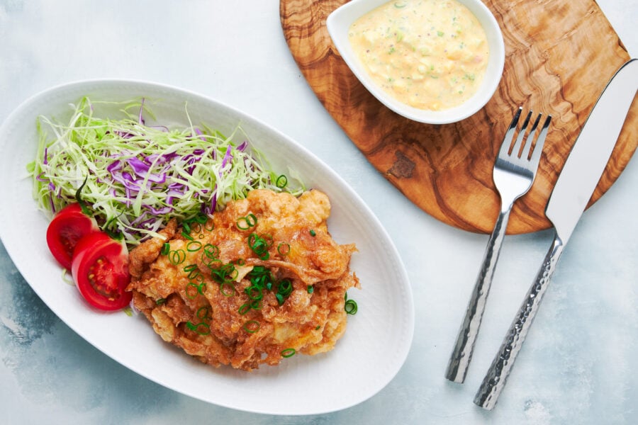 Chicken Nanban with Japanese-style tartar sauce and a shredded cabbage salad.