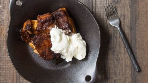 A serving of sticky toffee bread pudding.