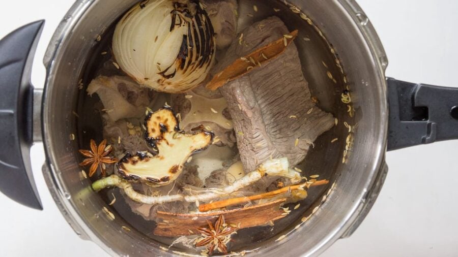 Pho Tai Nam ingredients in a pot.