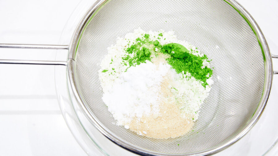 Sifting ingredients for Matcha Pancakes