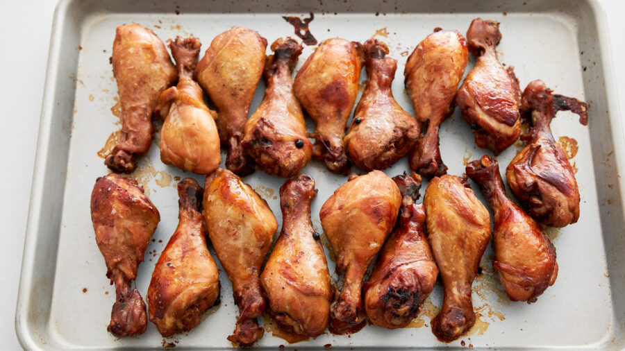 Roast the chicken in the oven until the skin caramelizes.