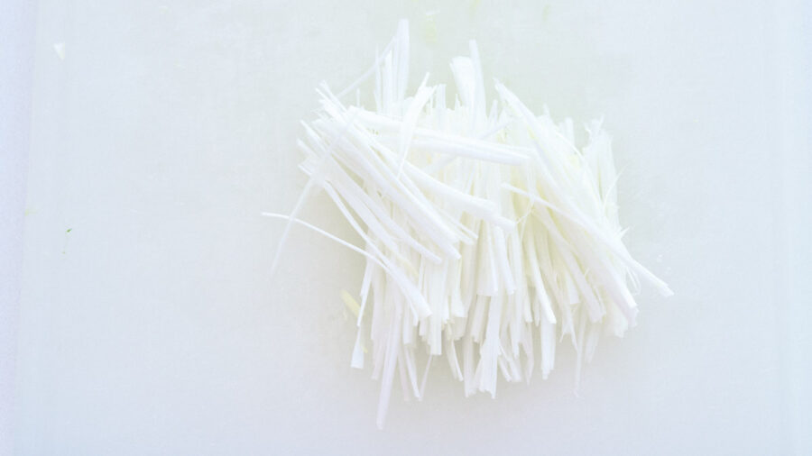 Julienned scallions for bang bang chicken recipe.