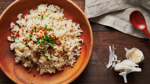 Filipino garlic fried rice topped with extra crisp garlic and scallions.