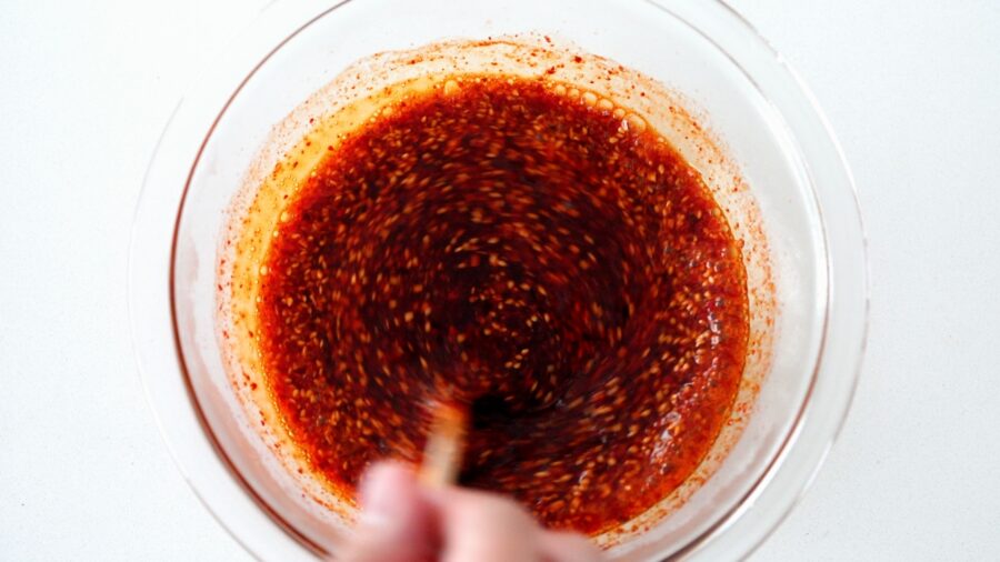 Spicy Chinese Chili oil in a glass bowl