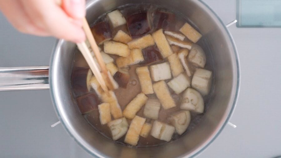 Aburaage (fried tofu), and eggplant in miso soup.