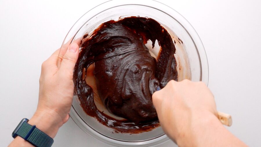 Chocolate Cherry Brownie batter in a glass bowl.