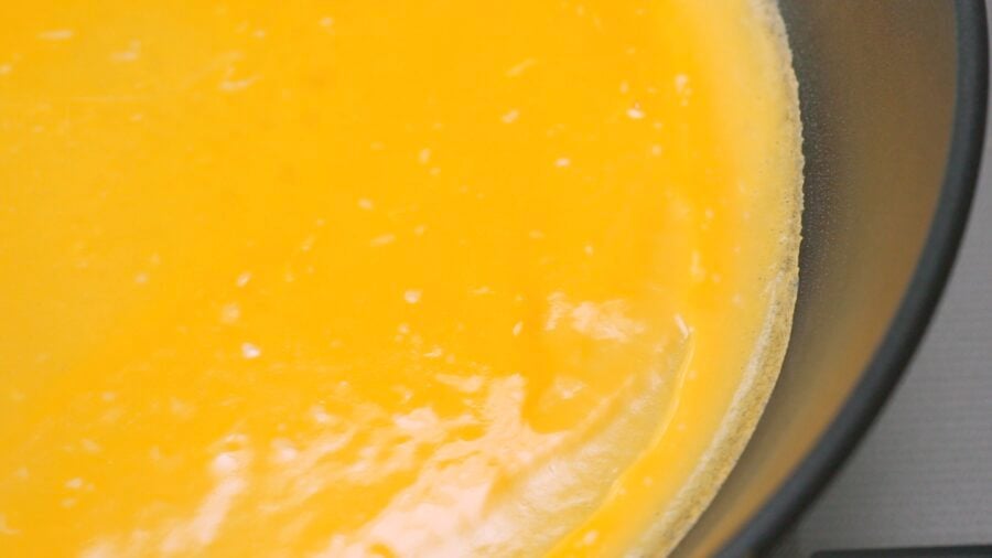 Usuyaki Tamago (thin omelette) in frying pan.