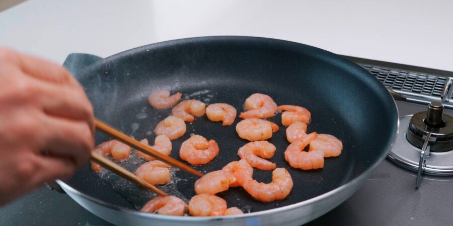 Stir-frying shrimp for Shrimp Fried Rice.