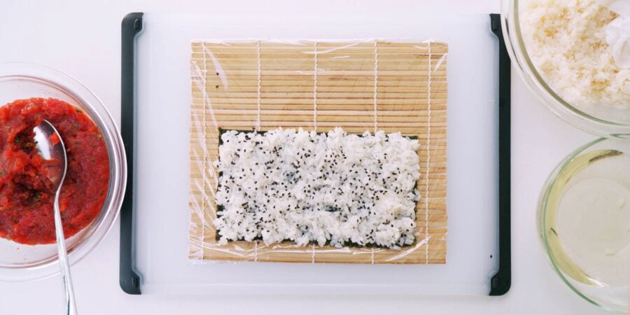 Rice sprinkled with black sesame seeds.