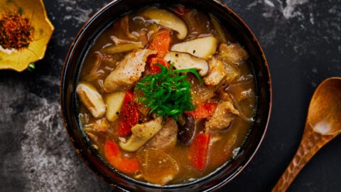 Tonjiru is a simple Japanese soup/stew loaded with tender pork and vegetables in a savory miso broth. It's so easy and satisfying; it's a favorite in homes around Japan in winter.