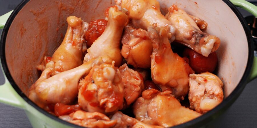 Chicken glazed with pickled plum sauce.