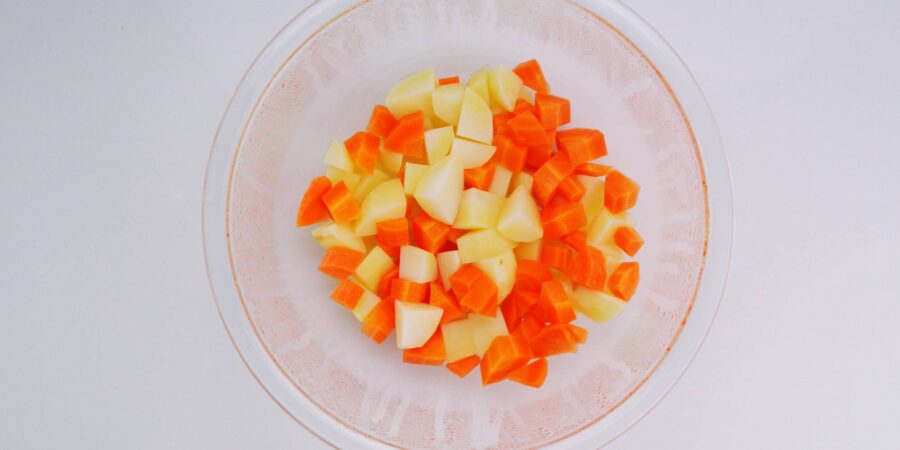 Potatoes and carrots for curry pre-cooked in the microwave.
