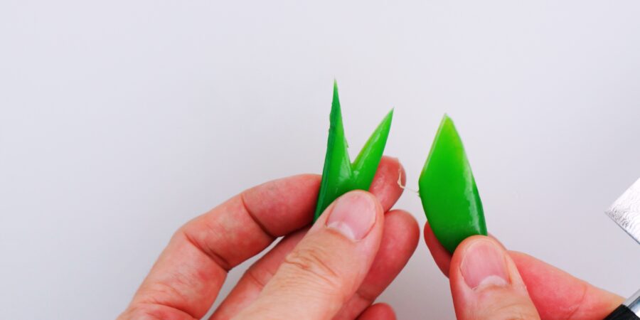 Snap peas cut into the shape of leaves to garnish sushi.