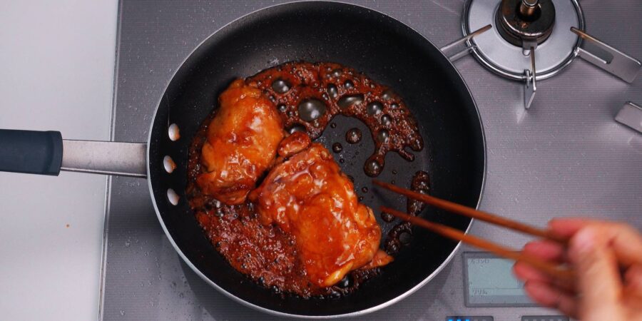 Glaze the chicken with teriyaki sauce.