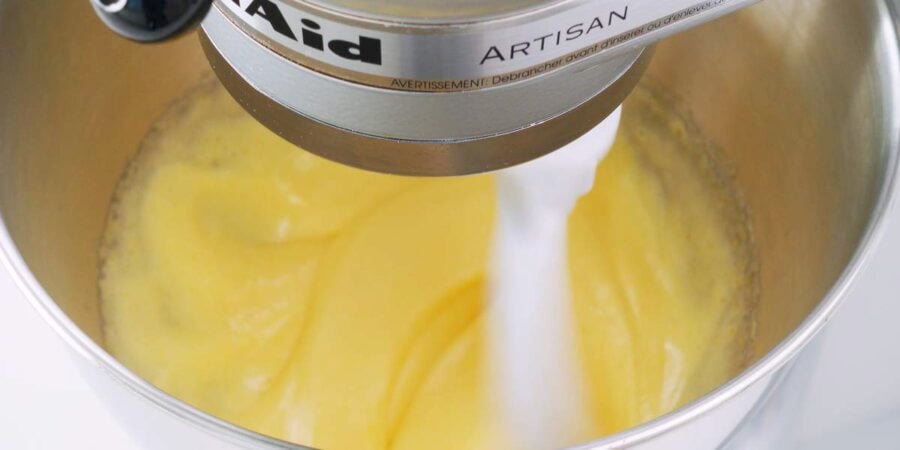 Beating eggs and sugar for green tea cookies.