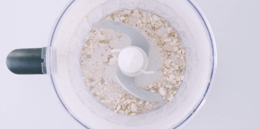 Ground shiitake mushrooms in a food processor.