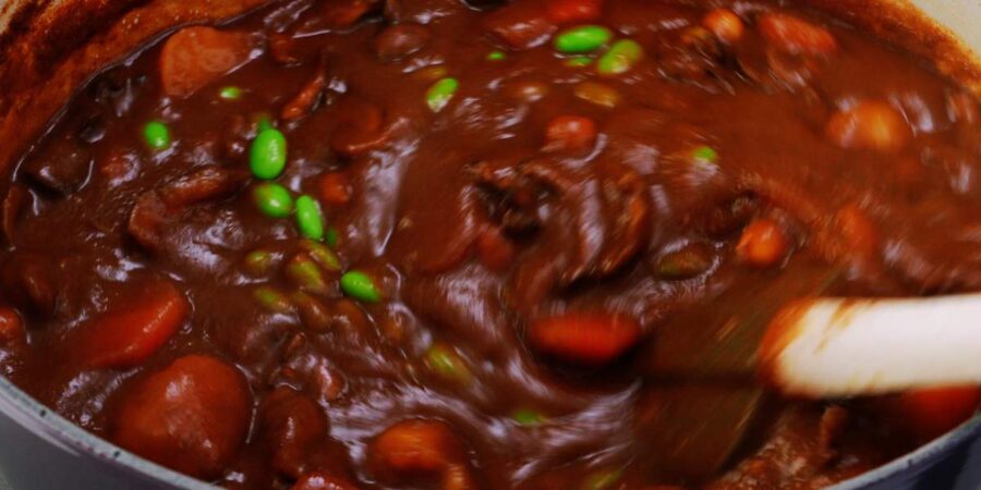 Adding edamame to vegan Japanese Curry.