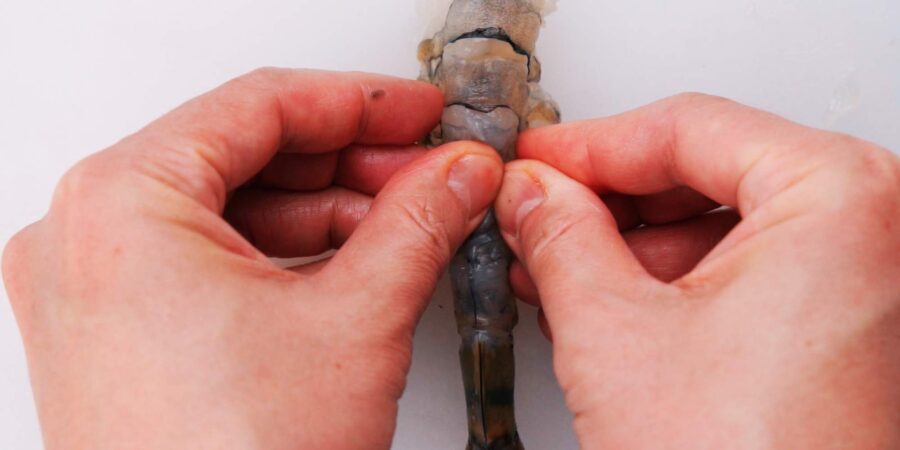 Straightening shrimp so it doesn't curl.