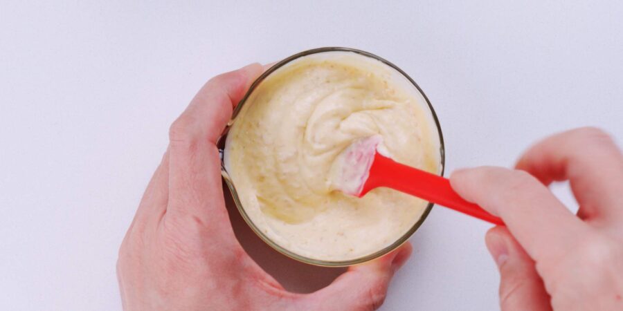 Mixing Japanese spicy mustard with mayonnaise.