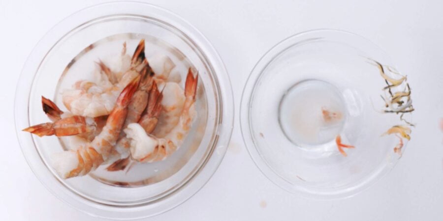 Shrimp cleaned and soaking in saltwater brine.