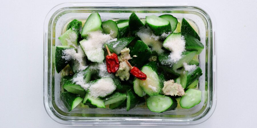 Cucumbers with salt, sugar, wasabi, beer and chili peppers.