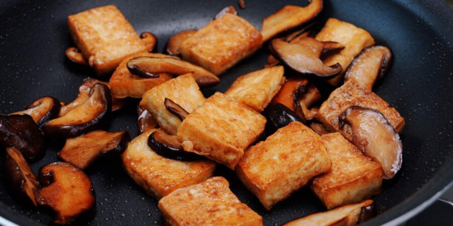 Soy sauce glazed pan-fried tofu and shiitake mushrooms.