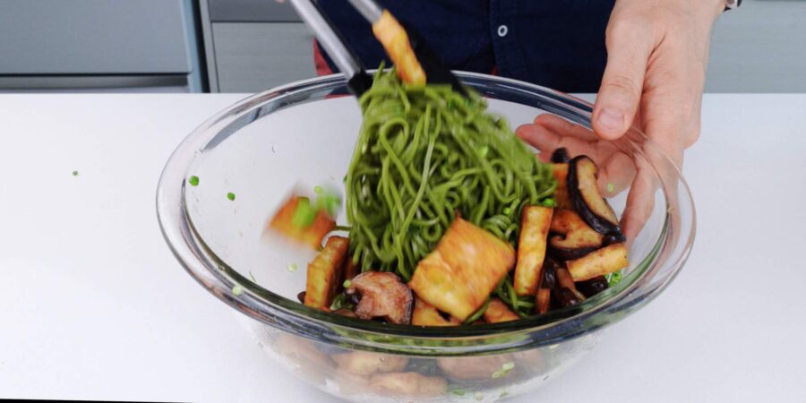 Soba noodle salad with tofu and shiitake mushrooms.
