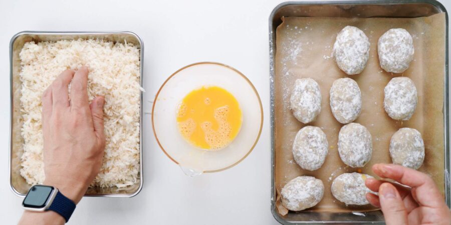 Breading korokke with panko.