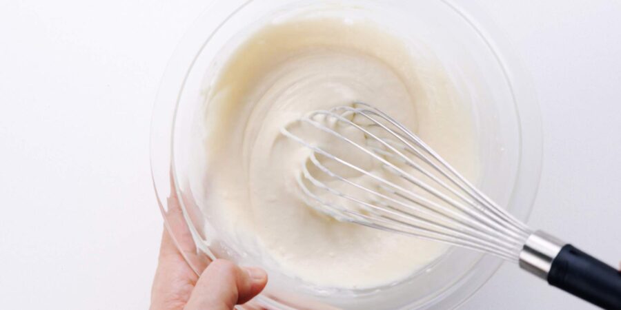 Taiyaki batter in a glass bowl.