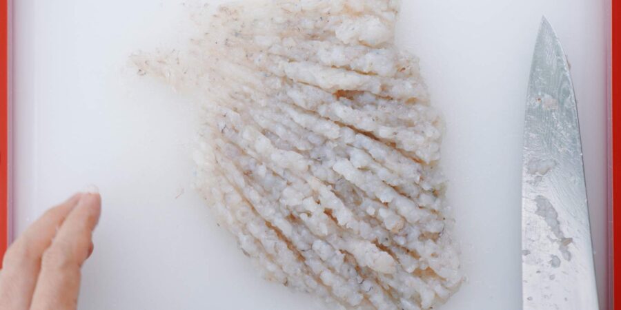 Minced shrimp for Shumai filling.