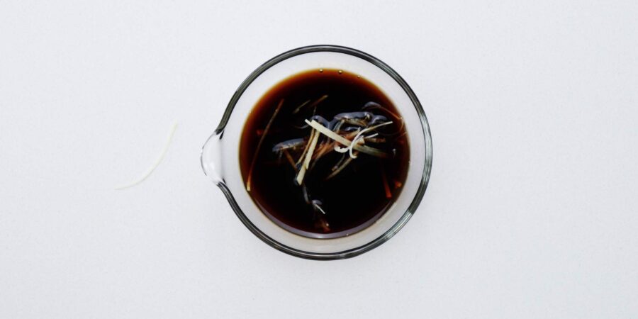 Dipping sauce for Shumai with ginger and black vinegar.