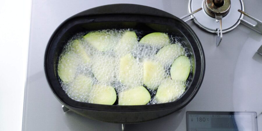 Flash-frying eggplant for Mabo Nasu.