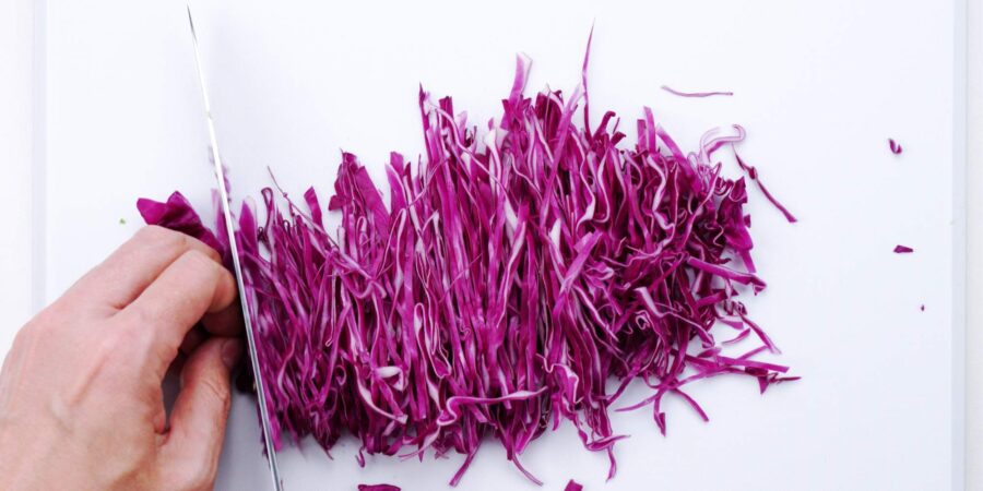 Shredded red cabbage.