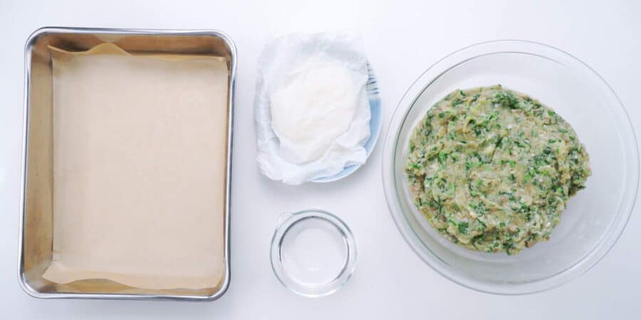 Setup for wrapping pork gyoza.