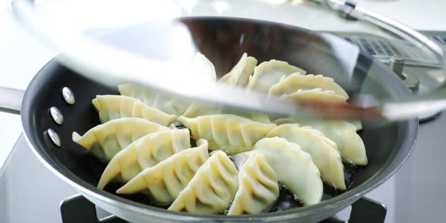 Steaming Gyoza dumplings.