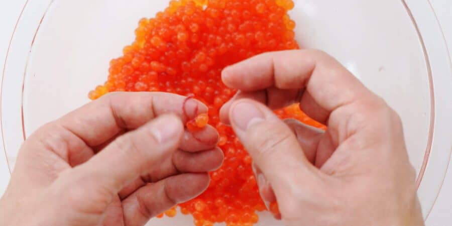 Cleaning ikura caviar.