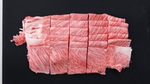 Thinly sliced A5 grade wagyu beef for gyudon.
